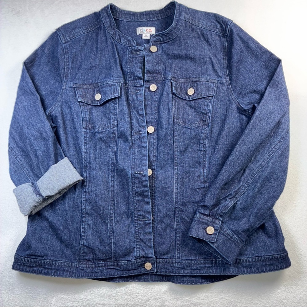 Denim & Co Denim Jean Jacket Mandarin Band Collar Stretch Button Front XL